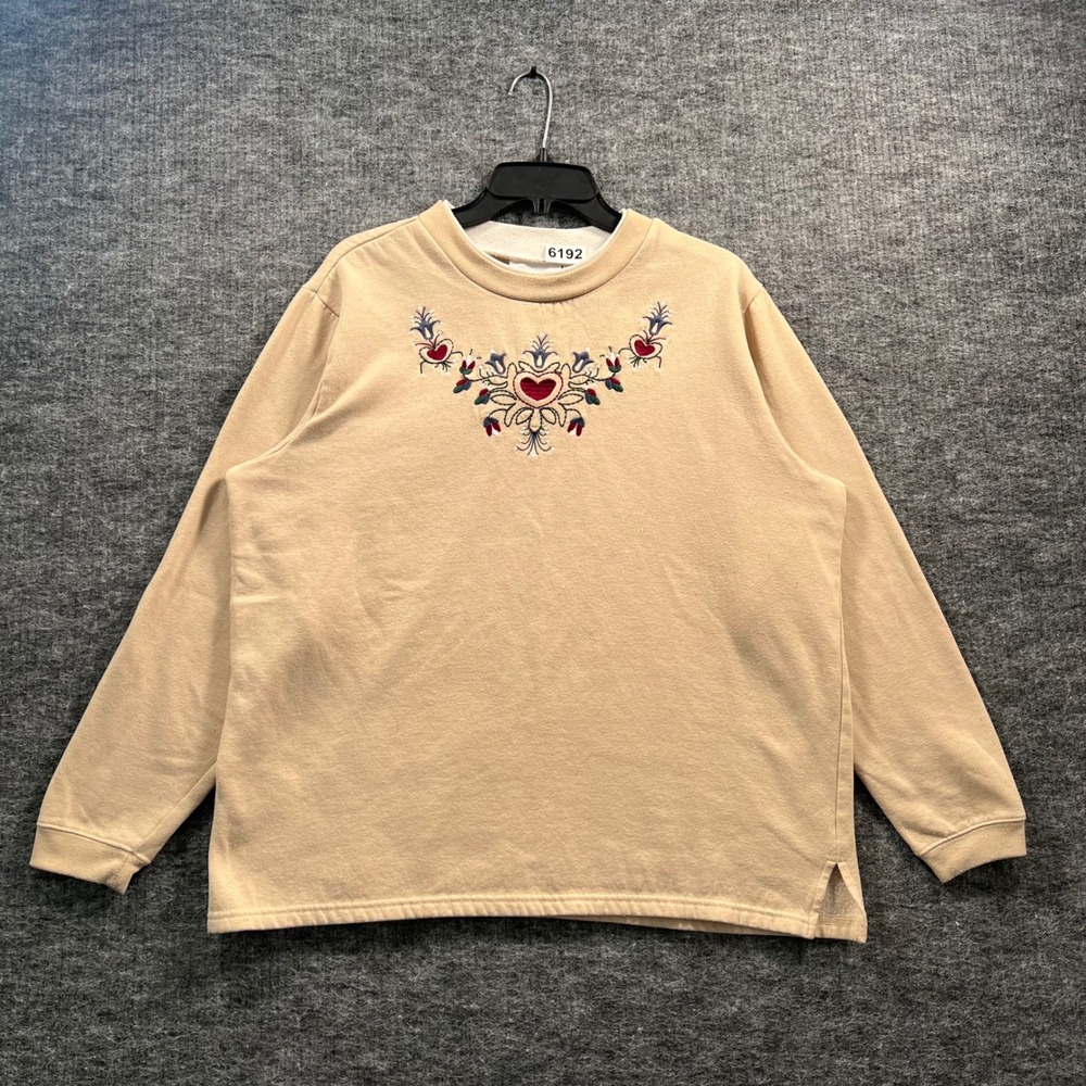 Blair Womens Large Tan Embroidered Heart Floral Crewneck Sweatshirt